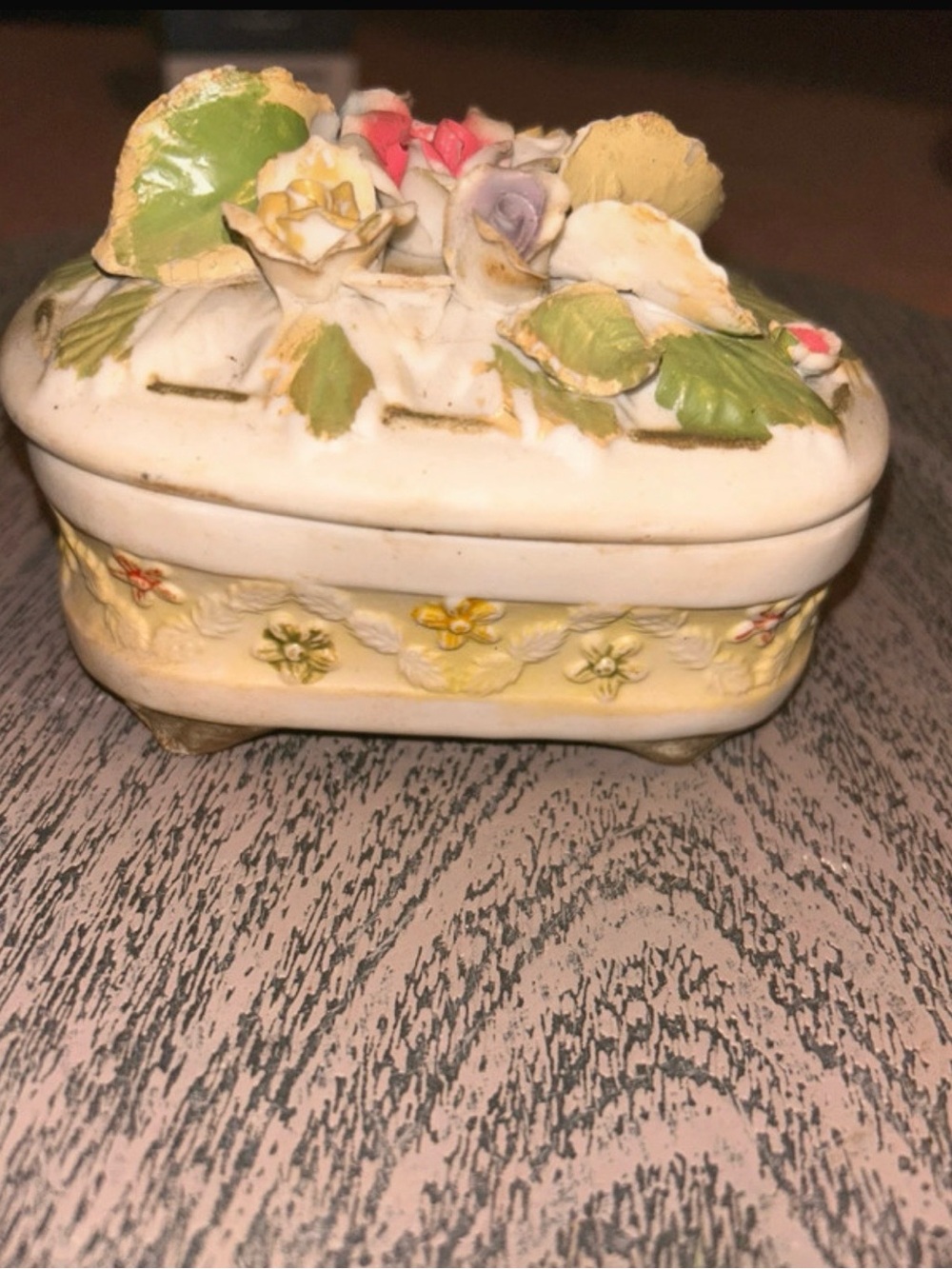 Vintage Porcelain Floral Jewelry Trinket Box in Cream and Green
